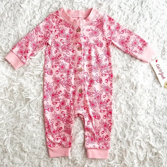 Cat & Jack Baby Girls Floral Romper, Pink, Size 0-3M - Picture 8 of 8